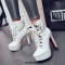 Round Toe Buckle Straps Rivets Lace Up Cuban Heels Ankle High Platforms Biker Punk Boots - White