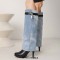 Round Toe Stiletto Heels Printed Denim Metal Lock Decoration Knee Highs Boots - Black Faux Leather Denim