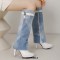 Round Toe Stiletto Heels Printed Denim Metal Lock Decoration Knee Highs Boots - White Faux Leather Denim