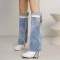 Round Toe Stiletto Heels Printed Denim Metal Lock Decoration Knee Highs Boots - White Faux Leather Denim