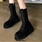 Round Toe Side Zipper Platforms Ankle Highs Lace Up Autumn Winter Wedges Boots - Black