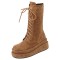 Round Toe Side Zipper Platforms Ankle Highs Lace Up Autumn Winter Wedges Boots - Brown
