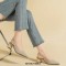 Pointed Toe Chunky Heels Cotton Fabric Summer Slingback Sandals - Beige