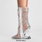 Pointed Toe Strange Leopard Teeth Heels Ankle Highs Transparent Rivet Rhinestones Booties - Clear