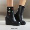 Round Toe Platforms Ankle Highs Rhinestones Wedges  Boots - Black