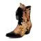 Pointed Toe Patchwork Ankle Highs Lace Up Chunky Heels Printed Fabric Cowboy Boots - Yellow Patent