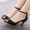 Peep Toe Ankle Buckle Straps Kitten Heels Dorsay Crystal Rhinestones Sandals Pumps - Black