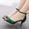 Peep Toe Ankle Buckle Straps Kitten Heels Dorsay Crystal Rhinestones Sandals Pumps - Green