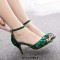 Peep Toe Ankle Buckle Straps Kitten Heels Dorsay Crystal Rhinestones Sandals Pumps - Green