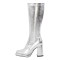 Square Toe Chunky Heels Low Platforms Side Zip Knee Highs Boots - Silver Patent