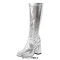 Square Toe Chunky Heels Low Platforms Side Zip Knee Highs Boots - Silver Patent