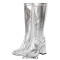 Square Toe Chunky Heels Low Platforms Side Zip Knee Highs Boots - Silver Patent