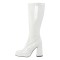 Square Toe Chunky Heels Low Platforms Side Zip Knee Highs Boots - White Patent