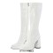 Square Toe Chunky Heels Low Platforms Side Zip Knee Highs Boots - White Patent