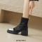 Round Toe Chunky Heels Horse Hair Side Zipper Ankle High Boots - Black