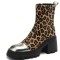 Round Toe Chunky Heels Horse Hair Side Zipper Ankle High Boots - Leopard
