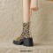 Round Toe Chunky Heels Horse Hair Side Zipper Ankle High Boots - Leopard