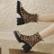Round Toe Chunky Heels Horse Hair Side Zipper Ankle High Boots - Leopard