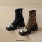 Round Toe Chunky Heels Horse Hair Side Zipper Ankle High Boots - Leopard