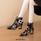 Pointed Toe Strange Style Kitten Heels Flowers Crystal Side Zipper Buckle Straps Ankle High Boots - Black