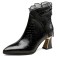 Pointed Toe Kitten Heels Ankle High Elegant Net Decorated Vintage Crocodile Pattern Booties - Black