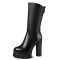 Round Toe Chunky Heels Platforms Kne High Side Zipper Mid Calf Boots - Black