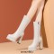 Round Toe Chunky Heels Platforms Kne High Side Zipper Mid Calf Boots - White