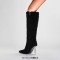 Pointed Toe Crystal Stiletto Heels Knee Highs Warm Fluffy Curly Booties with Side Zipper - Black Faux Wool