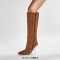 Pointed Toe Crystal Stiletto Heels Knee Highs Warm Fluffy Curly Booties with Side Zipper - Brown Faux Wool