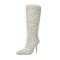 Pointed Toe Crystal Stiletto Heels Knee Highs Warm Fluffy Curly Booties with Side Zipper - White Faux Wool