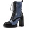 Round Toe Chunky Heels Low Platforms Denim Decorated Lace Up Stylish Boots - Black