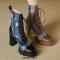 Round Toe Chunky Heels Low Platforms Denim Decorated Lace Up Stylish Boots - Black