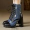 Round Toe Chunky Heels Low Platforms Denim Decorated Lace Up Stylish Boots - Black