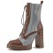 Round Toe Chunky Heels Low Platforms Denim Decorated Lace Up Stylish Boots - Brown