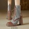 Round Toe Chunky Heels Low Platforms Denim Decorated Lace Up Stylish Boots - Brown