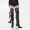 Pointed Toe Stiletto Heels Belt Buckle Straps Over The Knees Punk Boots - Black Faux Leather