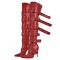 Pointed Toe Stiletto Heels Belt Buckle Straps Over The Knees Punk Boots - Red Faux Leather