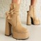 Round Toe Chunky Heels Ankle High Platforms Tie Decorated Zipper Booties - Apricot