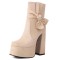 Round Toe Chunky Heels Ankle High Platforms Tie Decorated Zipper Booties - Beige