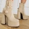 Round Toe Chunky Heels Ankle High Platforms Tie Decorated Zipper Booties - Beige