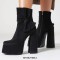Round Toe Chunky Heels Ankle High Platforms Tie Decorated Zipper Booties - Black