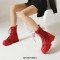 Round Toe Chunky Low Heels Ankle Highs Transparent Mesh Summer Spring Boots - Red