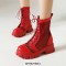 Round Toe Chunky Low Heels Ankle Highs Transparent Mesh Summer Spring Boots - Red