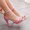 Peep Toe Ankle Buckle Straps Rhinestones Decorated Stilettos Sandals - Pink Faux Leather