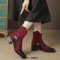 Square Toe Block Heels Zipper Vintage Style Ankle Highs Boots - Red Flock & Patent
