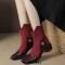 Square Toe Block Heels Zipper Vintage Style Ankle Highs Boots - Red Flock & Patent