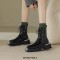 Square Toe Chunky Heels Metal Decorated Zipper Lace Up Ankle High Boots - Black