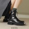 Square Toe Chunky Heels Metal Decorated Zipper Lace Up Ankle High Boots - Black