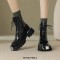 Square Toe Chunky Heels Metal Decorated Zipper Lace Up Ankle High Boots - Black