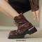 Square Toe Chunky Heels Metal Decorated Zipper Lace Up Ankle High Boots - Brown